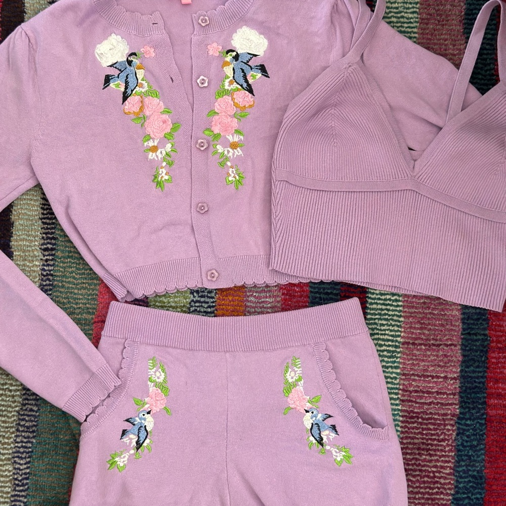 DollsKill Sugar Thrillz Lavender Embroidered Cardigan, Bralette, and Short set